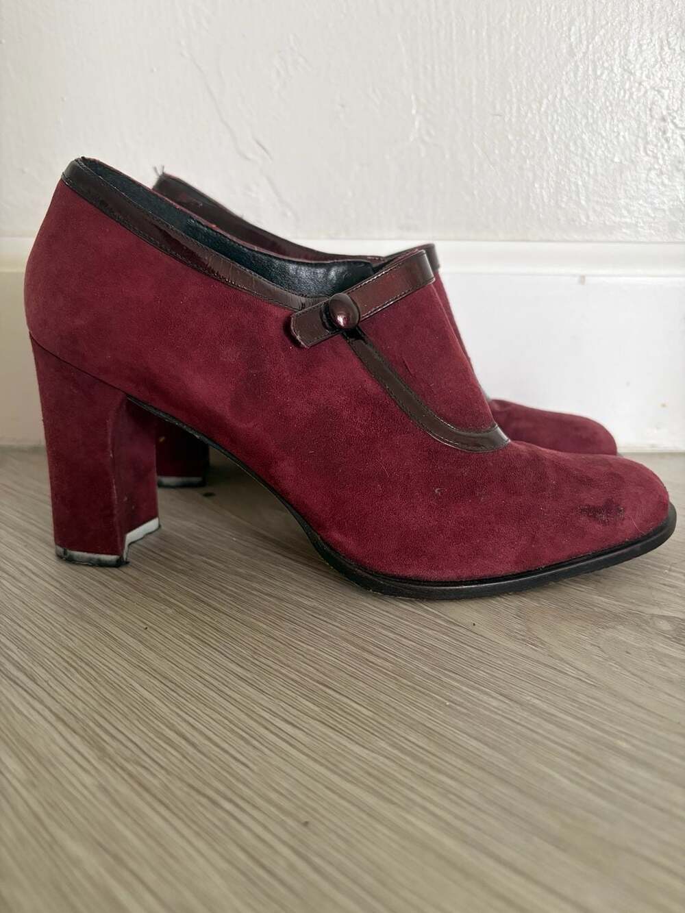 Enzo Angiolini Pumps Size 6M Burgundy Suede Patent Leather Block Heel